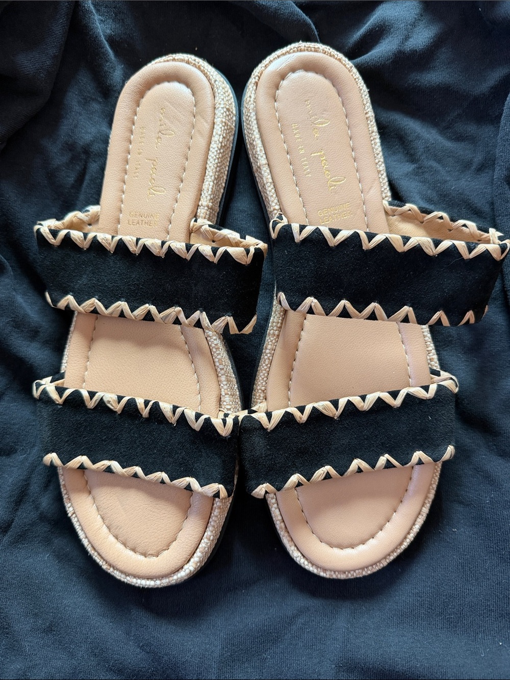 Mila Paoli Black and Cream Double-Strap Slide Sandals